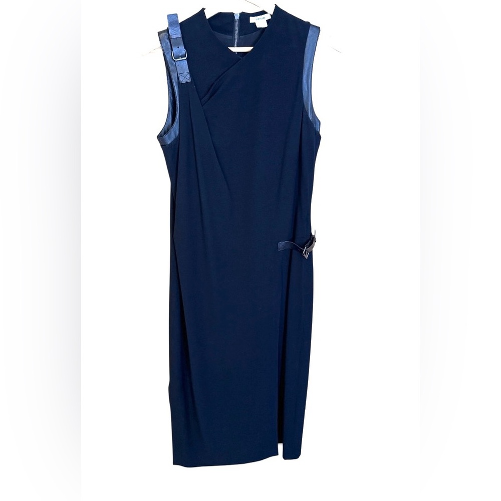 Helmut lang black midi dress with leather detail. In pre-loved condition. Size 8